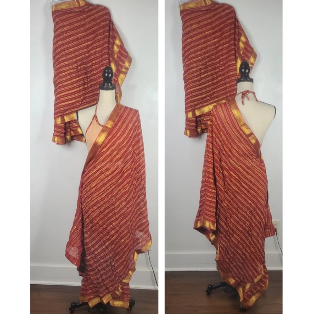 Red Sari Saree Skirt & Running Blouse Border Leheriya Print Regular Wear S - Picture 3 of 16